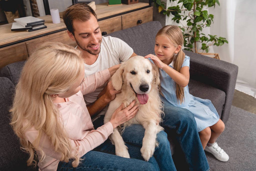 Gezin met golden retriever in een vakantiehuis