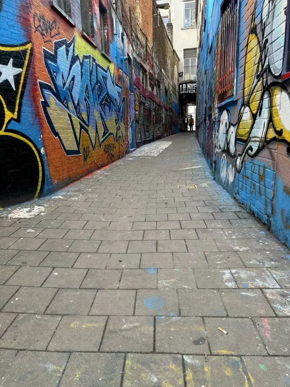 Eigen foto uit 2024 van een smalle Gentse steeg met kleurrijke muurschilderingen