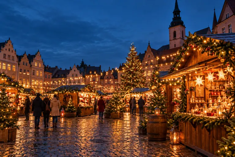 Warme kerstmarkt met verlichte houten kraampjes