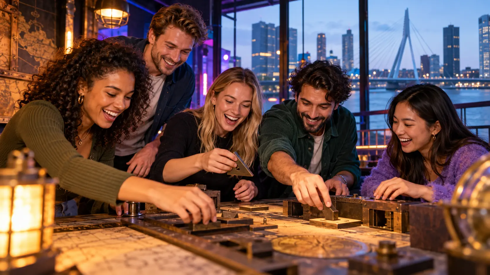 Vriendengroep werkt samen aan een interactief spel in Rotterdam